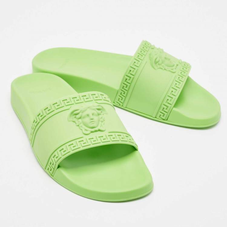 Pre Owned Versace Neon Green Rubber Palazzo Pool Slides Size 46