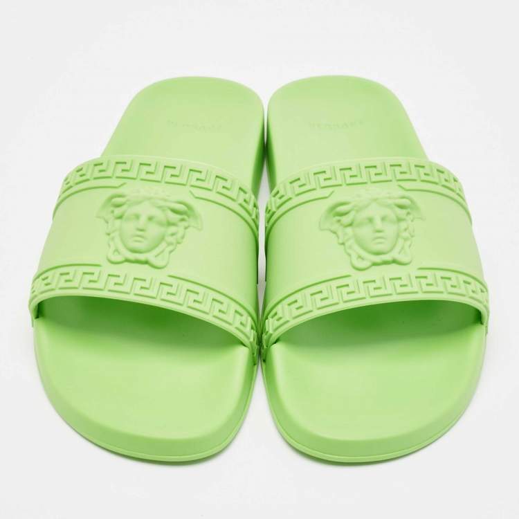 Pre Owned Versace Neon Green Rubber Palazzo Pool Slides Size 46