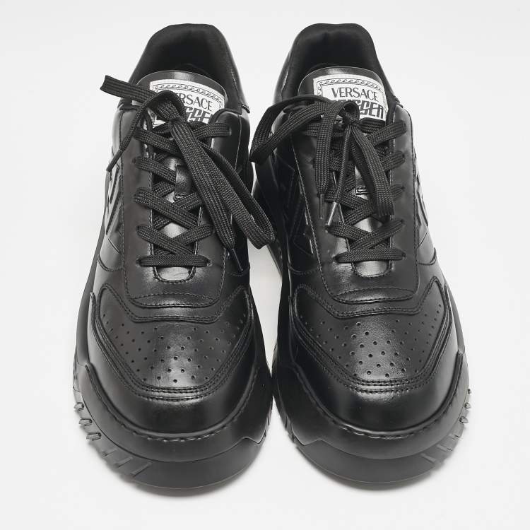 Pre Owned Versace Black Leather Odissea Sneakers Size 46