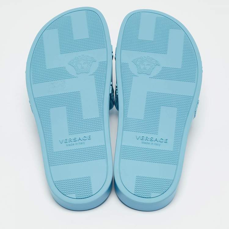 Pre Owned Versace Light Blue Rubber Pool Flat Slides Size 44