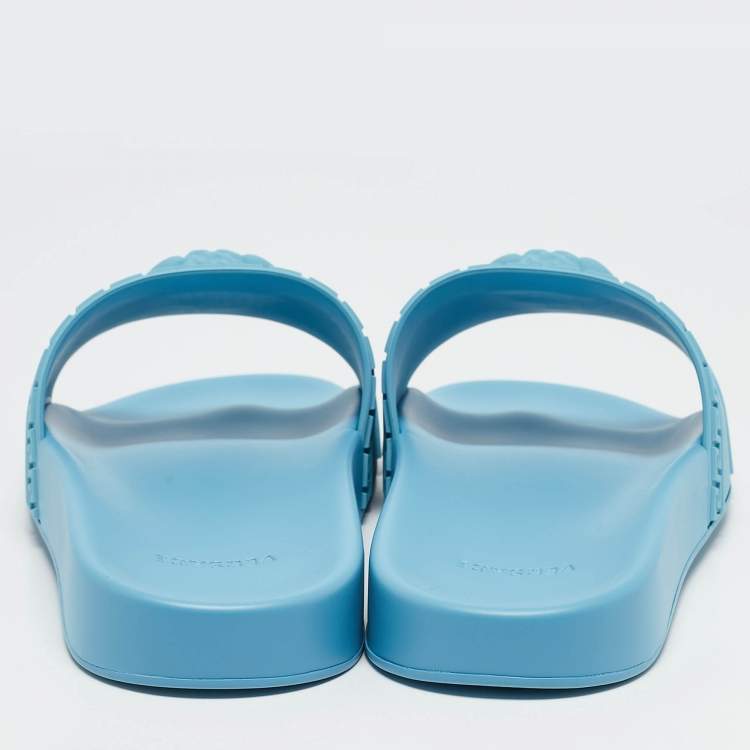Pre Owned Versace Light Blue Rubber Pool Flat Slides Size 44