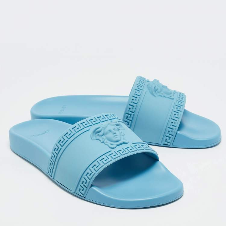 Pre Owned Versace Light Blue Rubber Pool Flat Slides Size 44