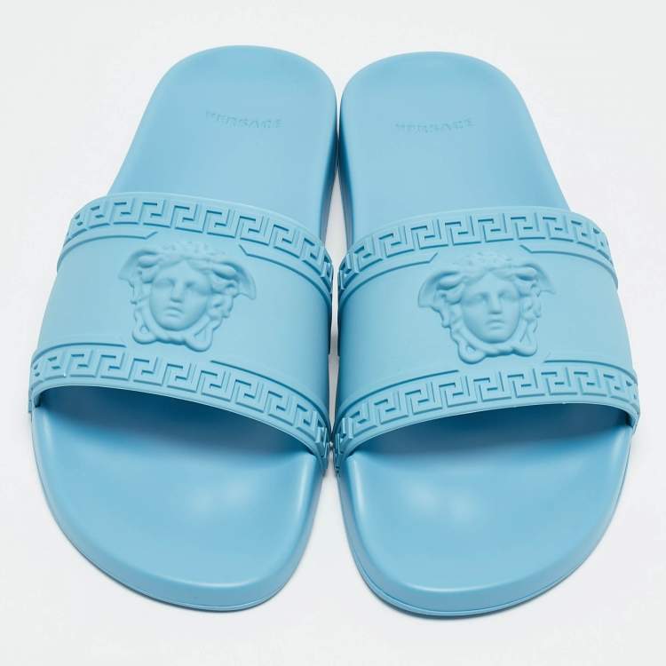 Pre Owned Versace Light Blue Rubber Pool Flat Slides Size 44