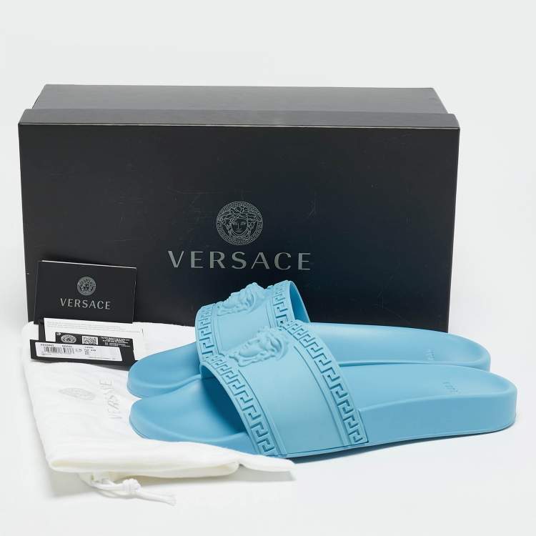Pre Owned Versace Light Blue Rubber Pool Flat Slides Size 44
