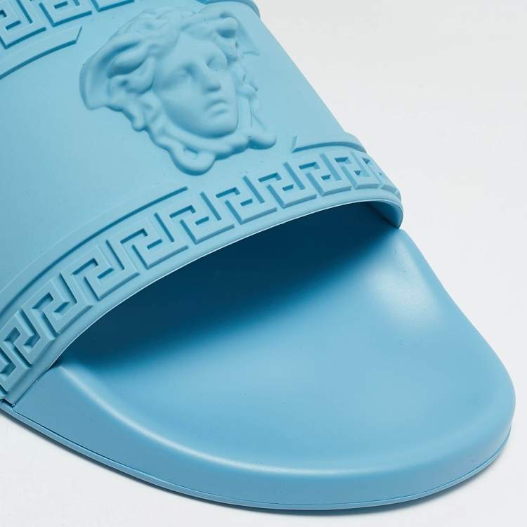 Pre Owned Versace Light Blue Rubber Pool Flat Slides Size 44