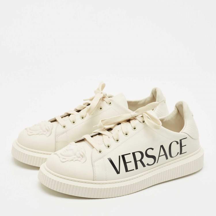 Pre Owned Versace Cream Leather Medusa Logo Low Top Sneakers Size 45