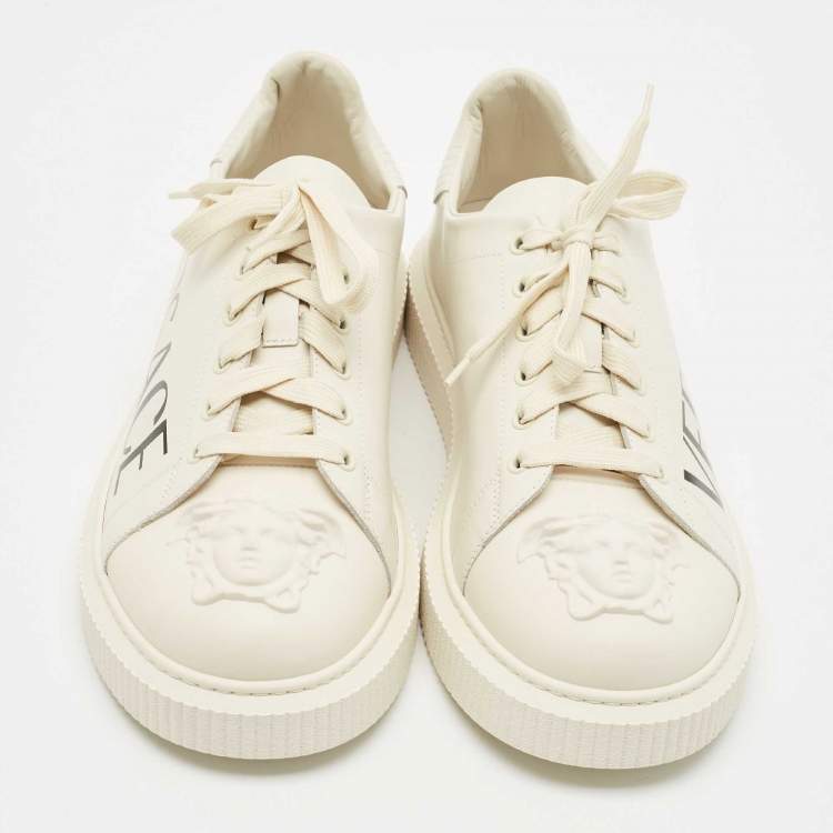 Pre Owned Versace Cream Leather Medusa Logo Low Top Sneakers Size 45