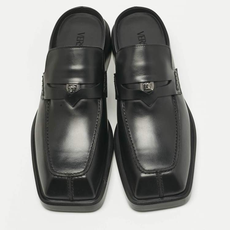 Pre Owned Versace Black Leather Square Toe Mules Size 44