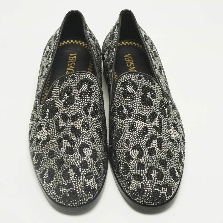 Pre Owned Versace Black/Silver Leather Crystal Embellished Slip On Loafers Size 45