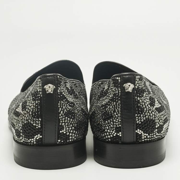 Pre Owned Versace Black/Silver Leather Crystal Embellished Slip On Loafers Size 45