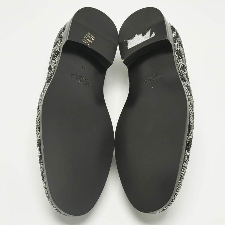 Pre Owned Versace Black/Silver Leather Crystal Embellished Slip On Loafers Size 45