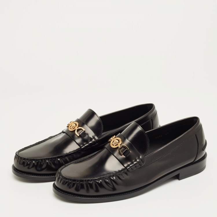 Pre Owned Versace Black Leather Medusa Loafers Size 47