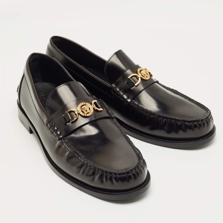 Pre Owned Versace Black Leather Medusa Loafers Size 47