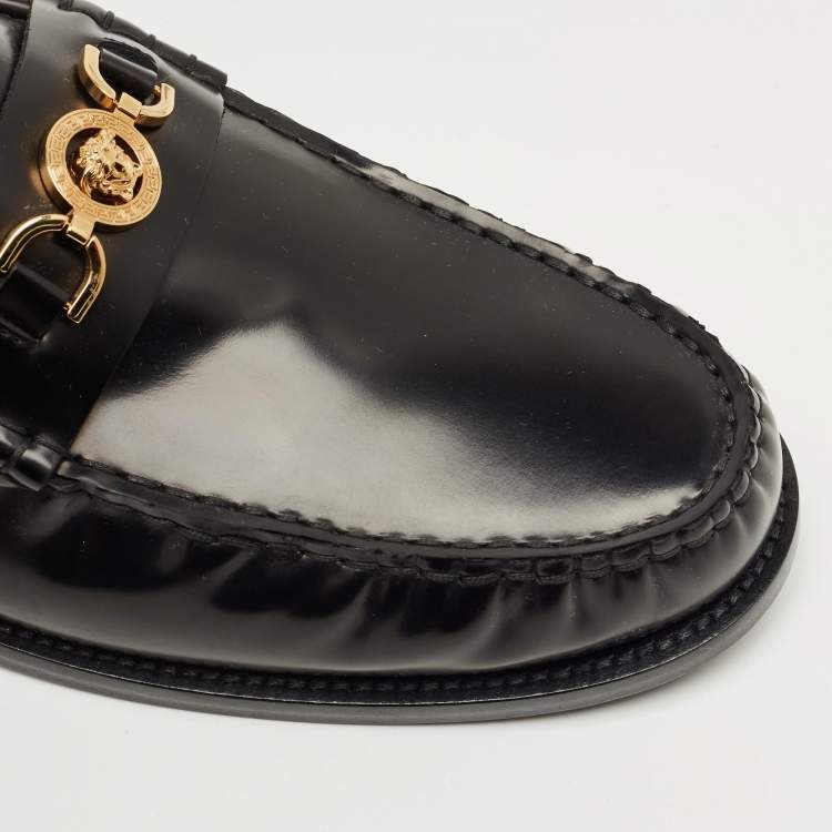 Pre Owned Versace Black Leather Medusa Loafers Size 47