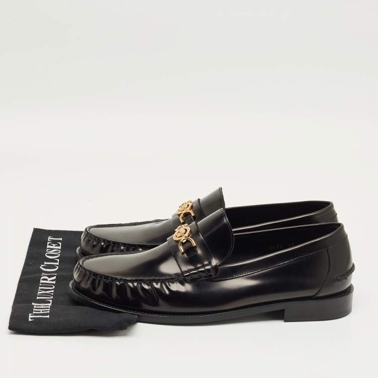 Pre Owned Versace Black Leather Medusa Loafers Size 47