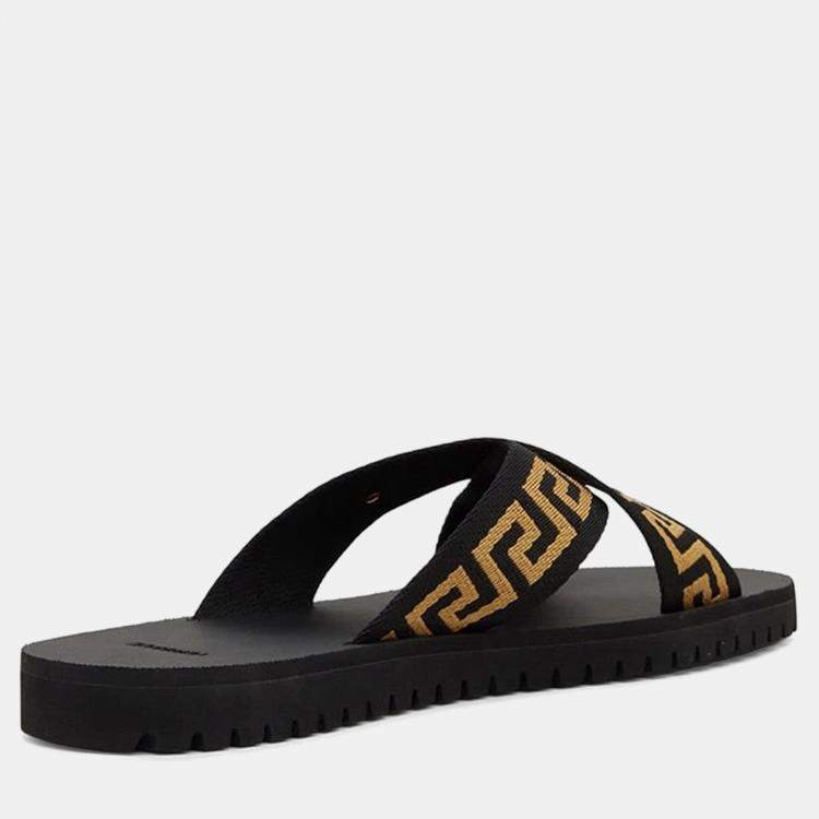 Pre Owned Versace Nastro Greca Black Leather Sliders 39