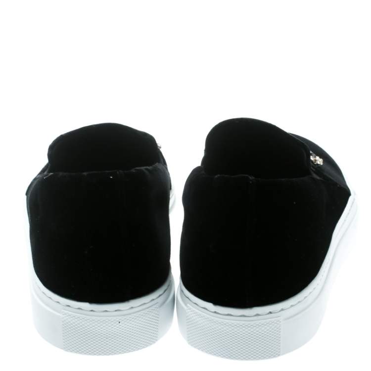 Pre Owned Versace Black Velvet Crystal Embellished Corona Slip On Sneakers Size 40