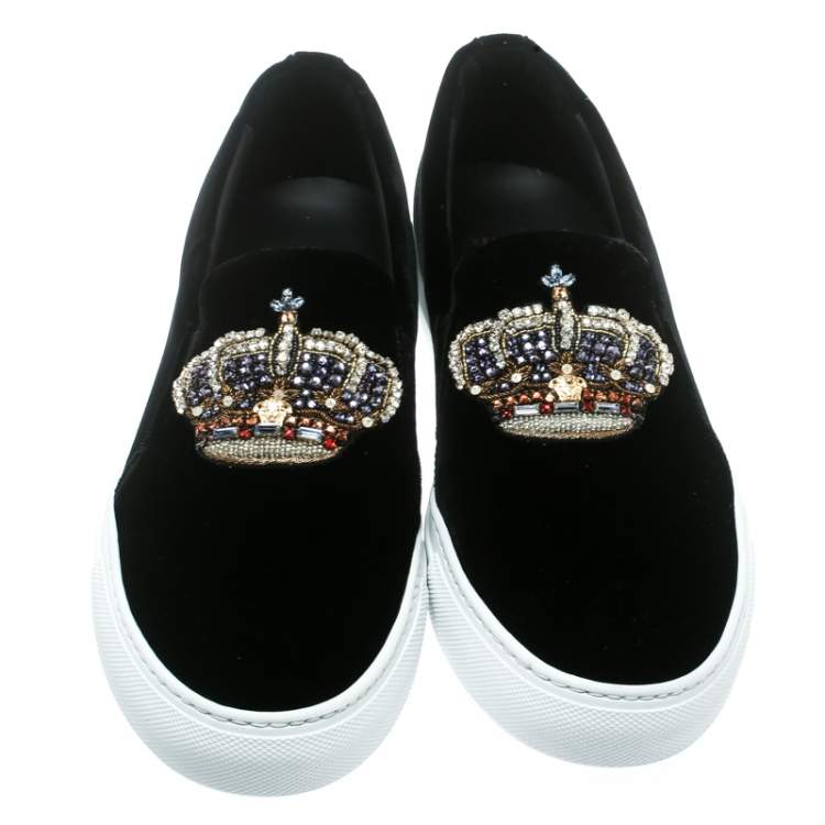 Pre Owned Versace Black Velvet Crystal Embellished Corona Slip On Sneakers Size 40