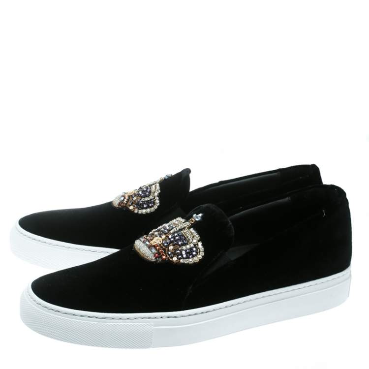 Pre Owned Versace Black Velvet Crystal Embellished Corona Slip On Sneakers Size 40