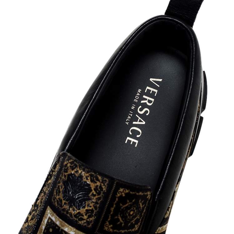 Pre Owned Versace Black/Gold Printed Satin And Leather Slip On Sneakers Size 45