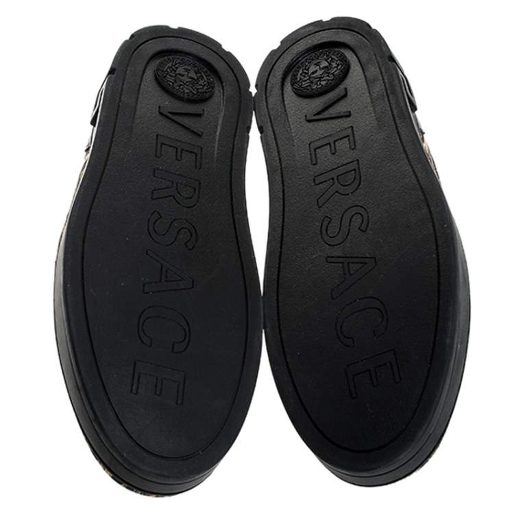 Pre Owned Versace Black/Gold Printed Satin And Leather Slip On Sneakers Size 45