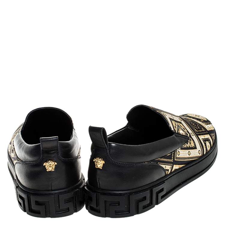 Pre Owned Versace Black/Gold Printed Satin And Leather Slip On Sneakers Size 45