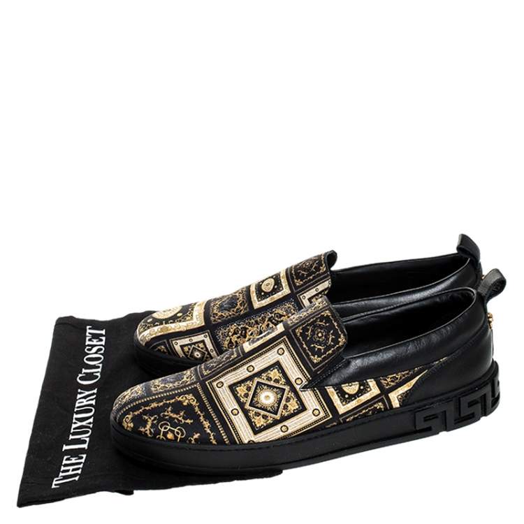 Pre Owned Versace Black/Gold Printed Satin And Leather Slip On Sneakers Size 45