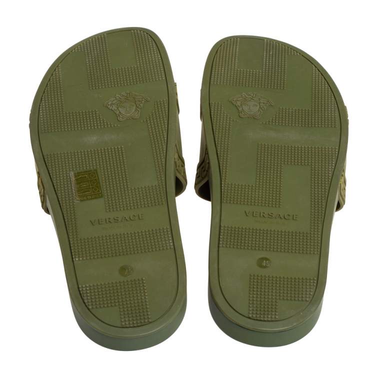 Pre Owned Versace Olive Green Rubber Medusa Slip On Sandal Size 45