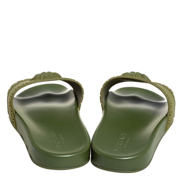 Pre Owned Versace Olive Green Rubber Medusa Slip On Sandal Size 45