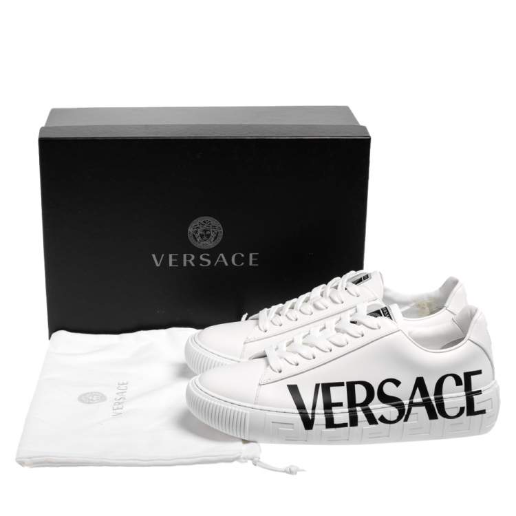 Pre Owned Versace White Leather Greca Logo Low Top Sneakers Size 42.5