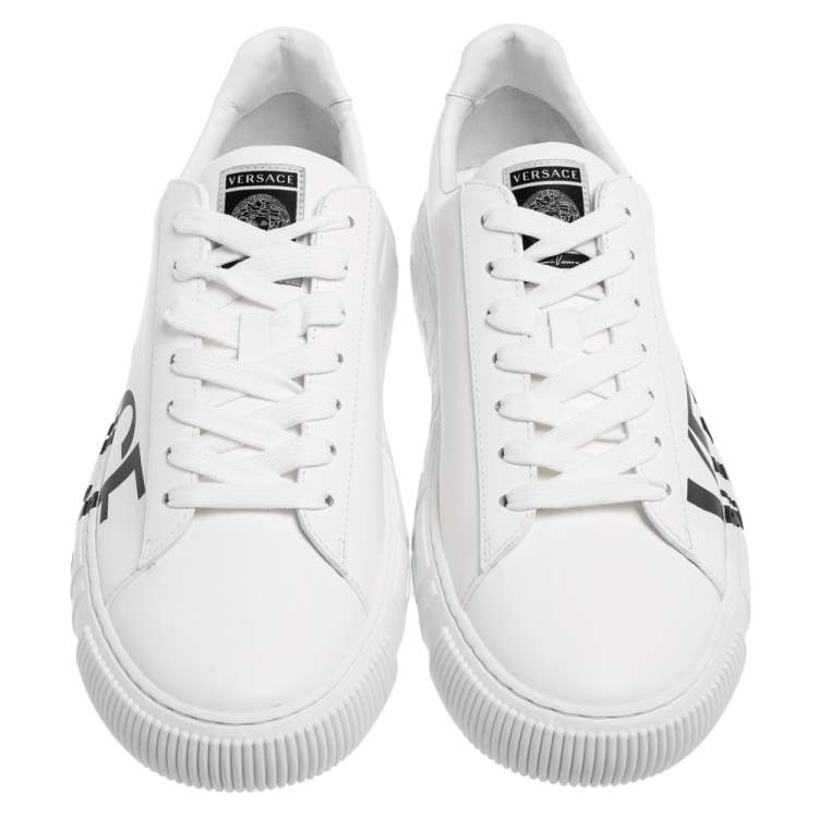 Pre Owned Versace White Leather Greca Logo Low Top Sneakers Size 43.5
