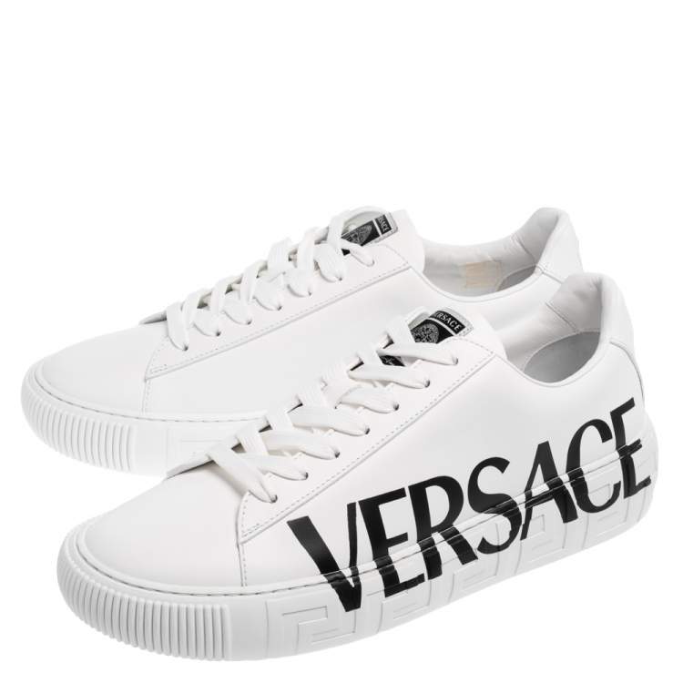 Pre Owned Versace White Leather Greca Logo Low Top Sneakers Size 43.5