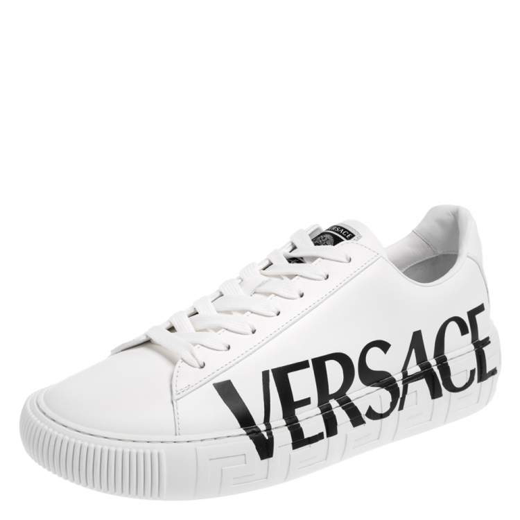 Pre Owned Versace White Leather Greca Logo Low Top Sneakers Size 43.5