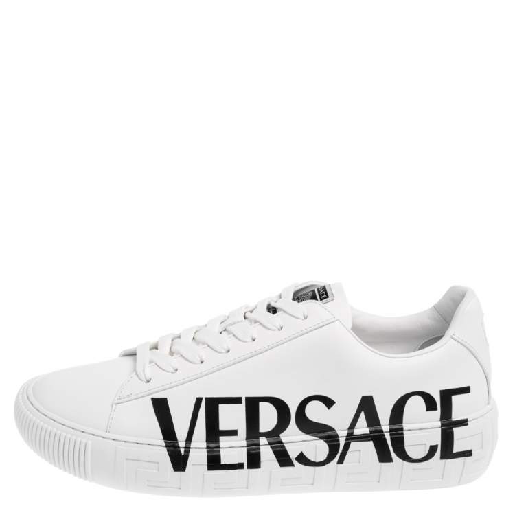 Pre Owned Versace White Leather Greca Logo Low Top Sneakers Size 43.5