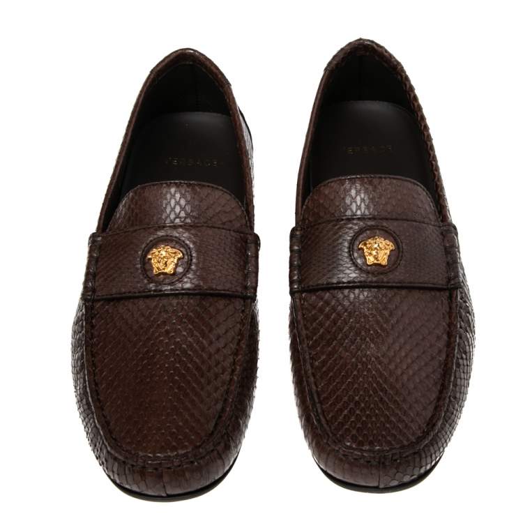 مملوكة مسبقًا Versace Brown Snakeskin  Leather Medusa Slip On Loafers  Size 42