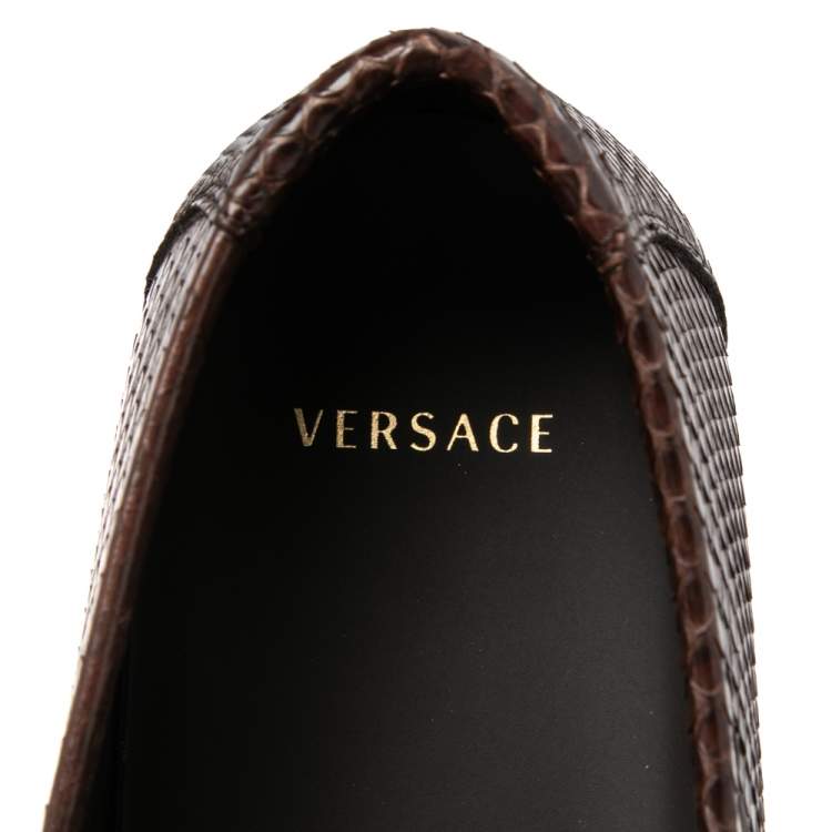 مملوكة مسبقًا Versace Brown Snakeskin  Leather Medusa Slip On Loafers  Size 42