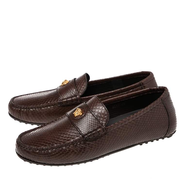 مملوكة مسبقًا Versace Brown Snakeskin  Leather Medusa Slip On Loafers  Size 42