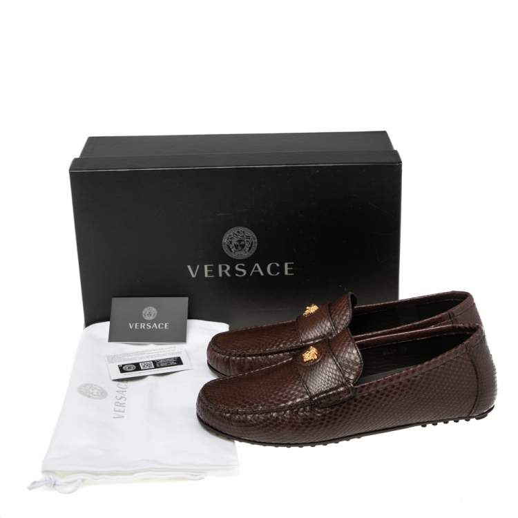 مملوكة مسبقًا Versace Brown Snakeskin  Leather Medusa Slip On Loafers  Size 42