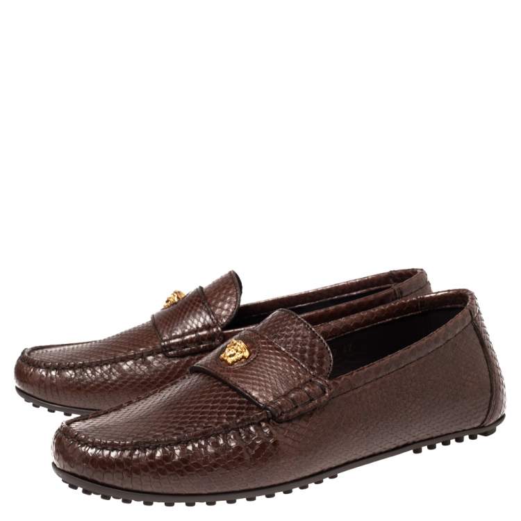 Pre Owned Versace Brown Snakeskin Leather Medusa Slip On Loafers Size 42