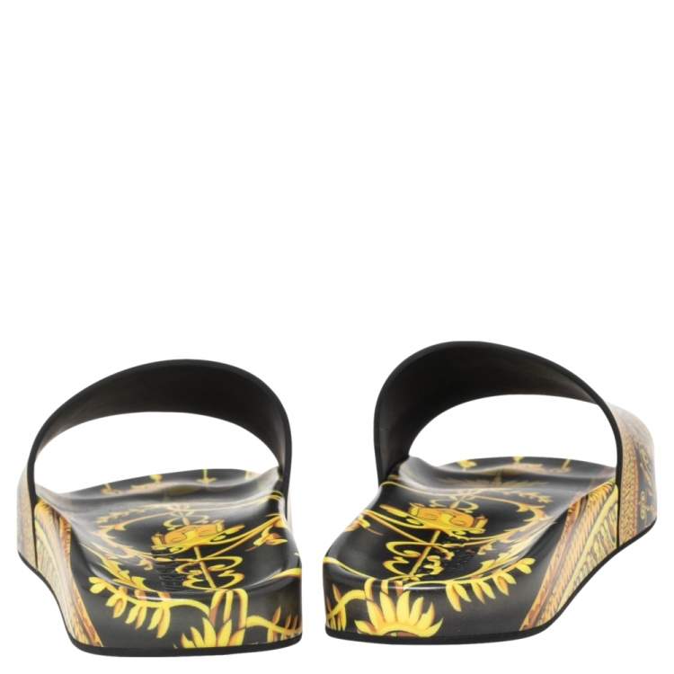 Pre Owned Versace Yellow/Black Baroque Print Rubber Flat Slides Size 41.5