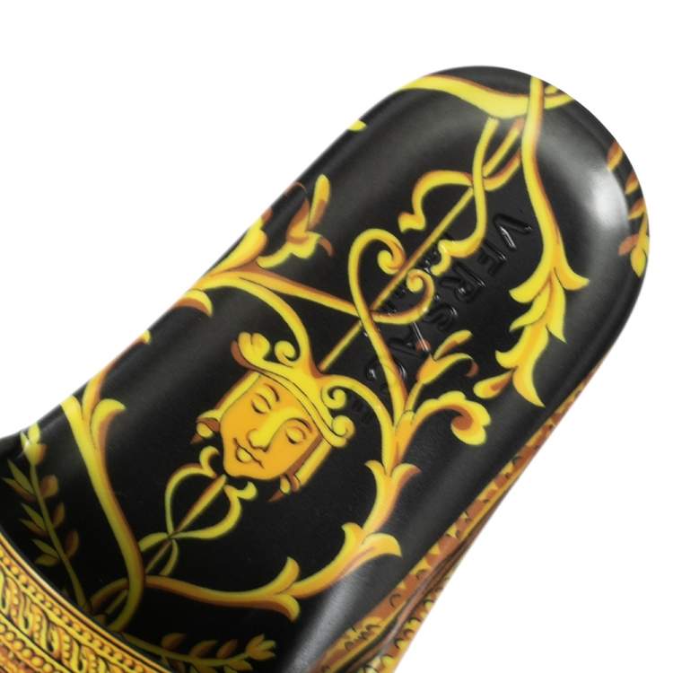 Pre Owned Versace Yellow/Black Baroque Print Rubber Flat Slides Size 41.5