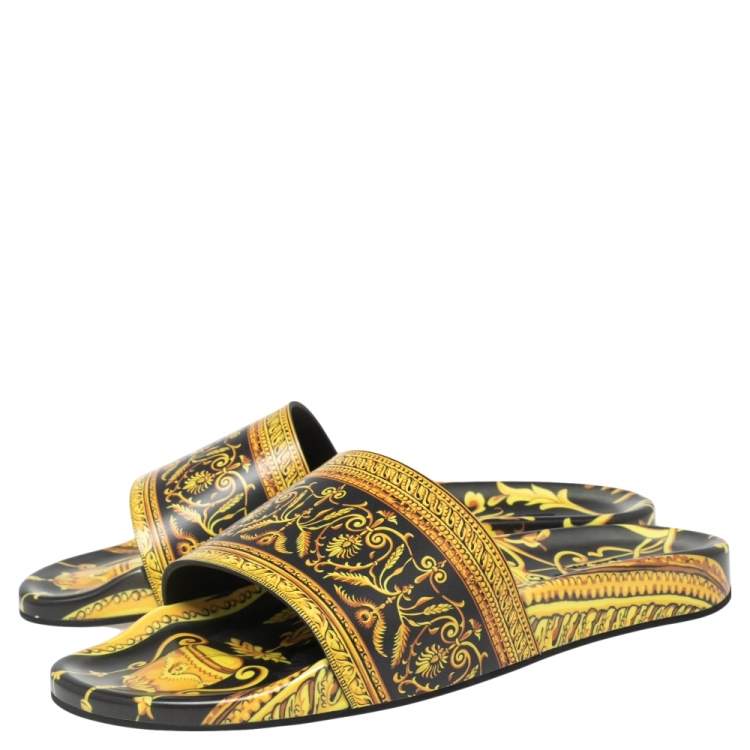 Pre Owned Versace Yellow/Black Baroque Print Rubber Flat Slides Size 41.5