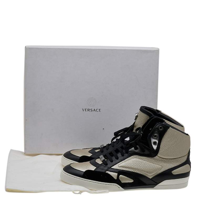 Pre Owned Versace Light Gold/Black Leather and Suede High Top Sneakers Size 45