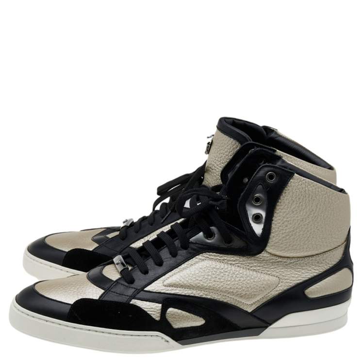 Pre Owned Versace Light Gold/Black Leather and Suede High Top Sneakers Size 45