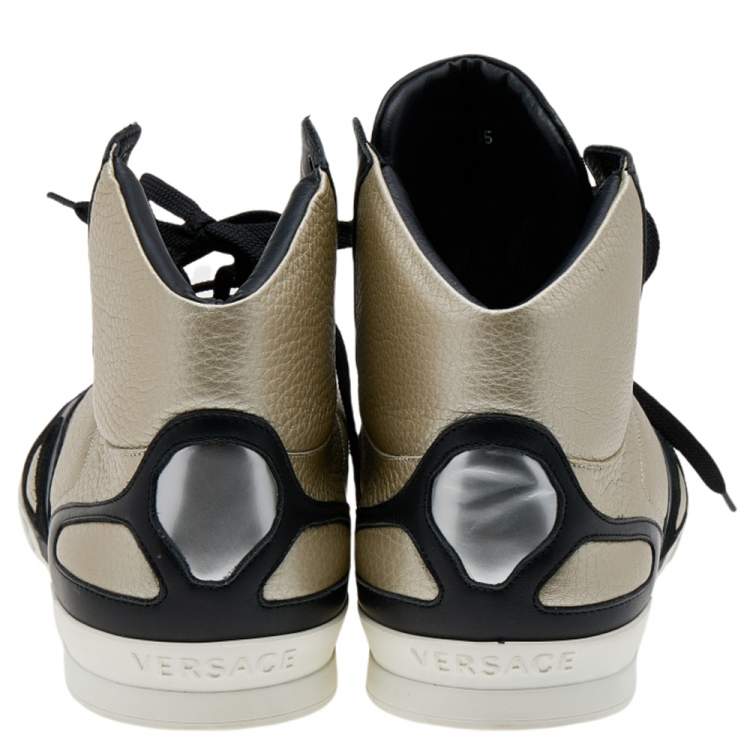 Pre Owned Versace Light Gold/Black Leather and Suede High Top Sneakers Size 45