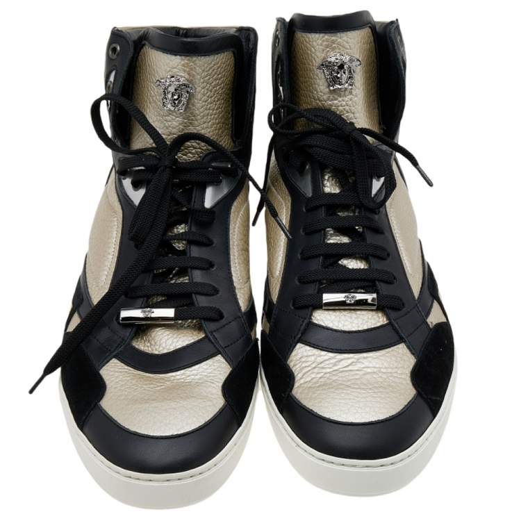 Pre Owned Versace Light Gold/Black Leather and Suede High Top Sneakers Size 45