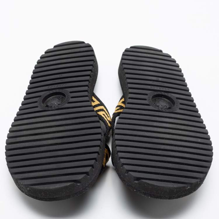 Pre Owned Versace Black/Gold Canvas Nastro Greca Cross Strap Sandals Size 41