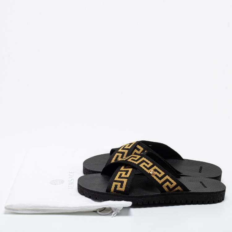 Pre Owned Versace Black/Gold Canvas Nastro Greca Cross Strap Sandals Size 41