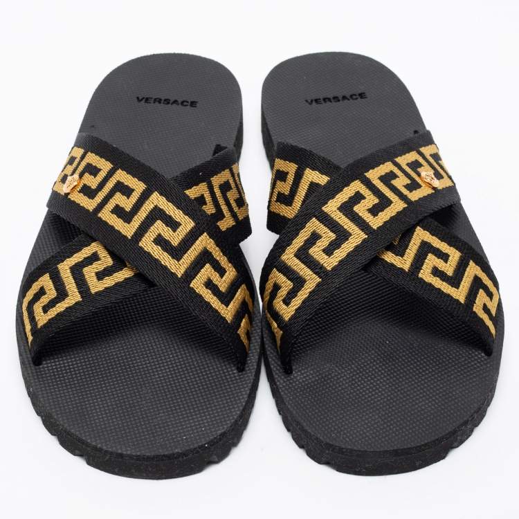 Pre Owned Versace Black/Gold Canvas Nastro Greca Cross Strap Sandals Size 41