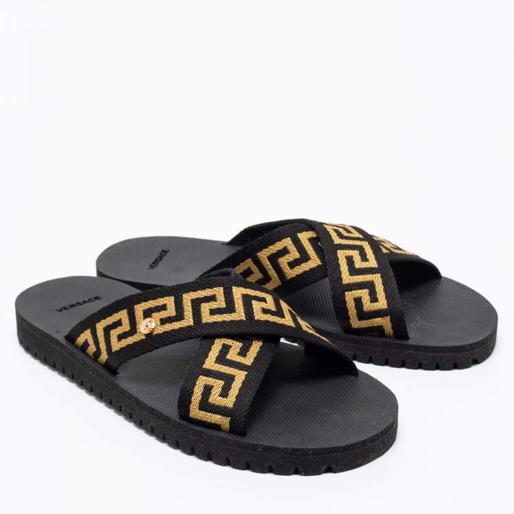 Pre Owned Versace Black/Gold Canvas Nastro Greca Cross Strap Sandals Size 41